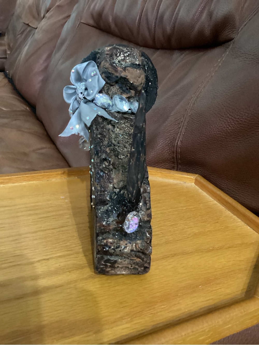 Handcrafted From Tree Bark Decorative Brown Dog Figurine with Crystal Accents - Picture 3 of 8